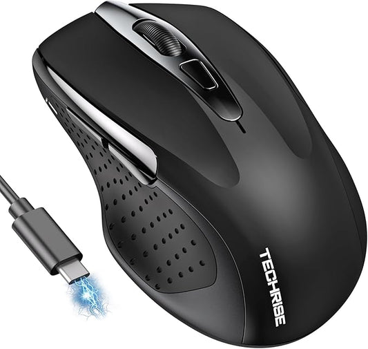 TechRise Bluetooth Mouse (BT5.0/3.0 & 2.4G) Rechargeable Wireless Mouse, 4800 DPI Optical Tracking, 6 Adjustable DPI, 2.4GHz with USB A Receiver, Quiet Clicks, Ergonomic Grips, 6 Buttons - Black