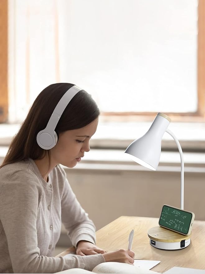 Metal Desk Lamp Wireless Charging Table Lamp Touch Reading Lights Arc Desk Lamps for Bedroom, 3 Way Dimmable Bedside Lamp with USB Charging Ports Lamp for Study Room and Office (White)