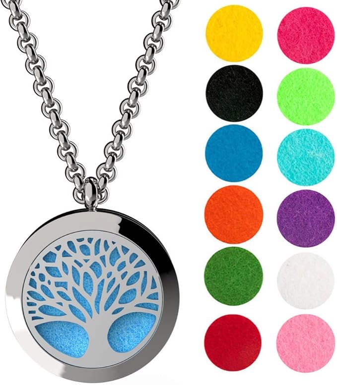 Wild Essentials Tree of Life Essential Oil Diffuser Necklace, Stainless Steel Locket Pendant with 24 inch Chain, 12 Color Refill Pads, Customizable Color Changing Perfume Jewelry for Aromatherapy