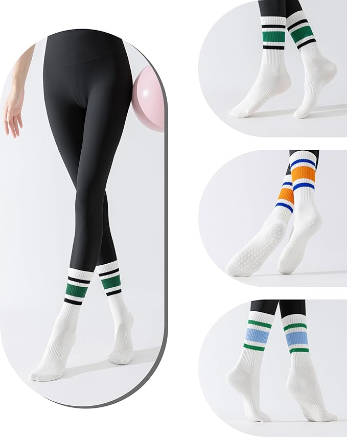 Yawlsow 3 Pairs Pilates Grip Socks for Women Yoga Grippy Striped Retro Crew Socks Non Slip Sticky Barre Sock with Grippers