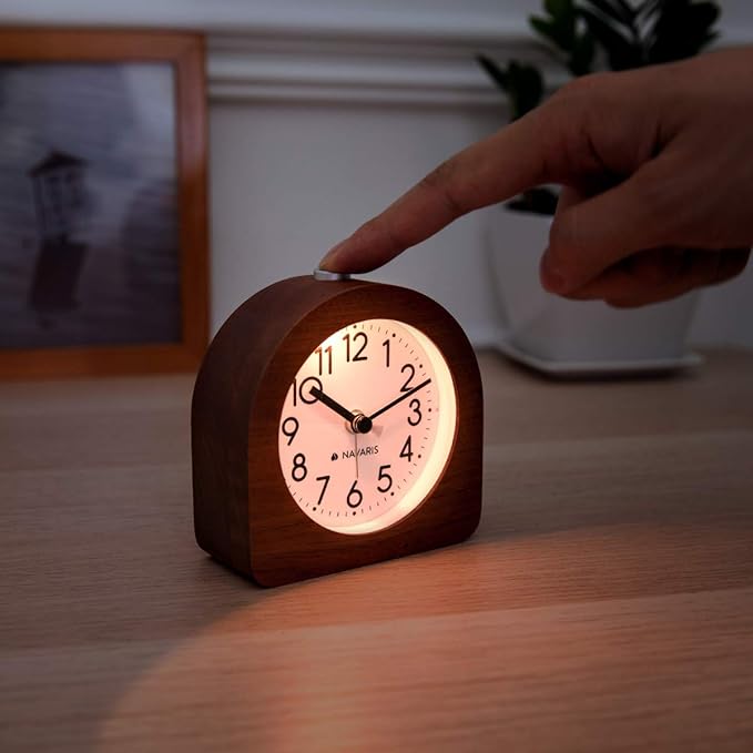 Navaris Wood Analog Alarm Clock - Half-Round Battery-Operated Non-Ticking Clock with Snooze Button and Light - Dark Brown