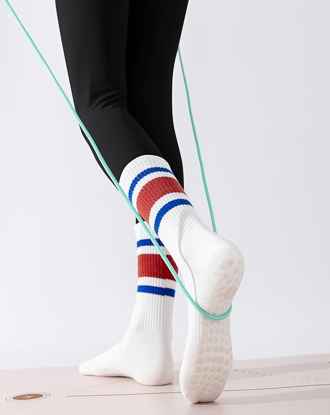Yawlsow 3 Pairs Pilates Grip Socks for Women Yoga Grippy Striped Retro Crew Socks Non Slip Sticky Barre Sock with Grippers
