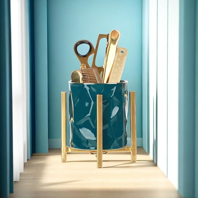 Gold pencil cup Sturdy metal frame with white ceramic pen holder For desks and kitchen appliance holders