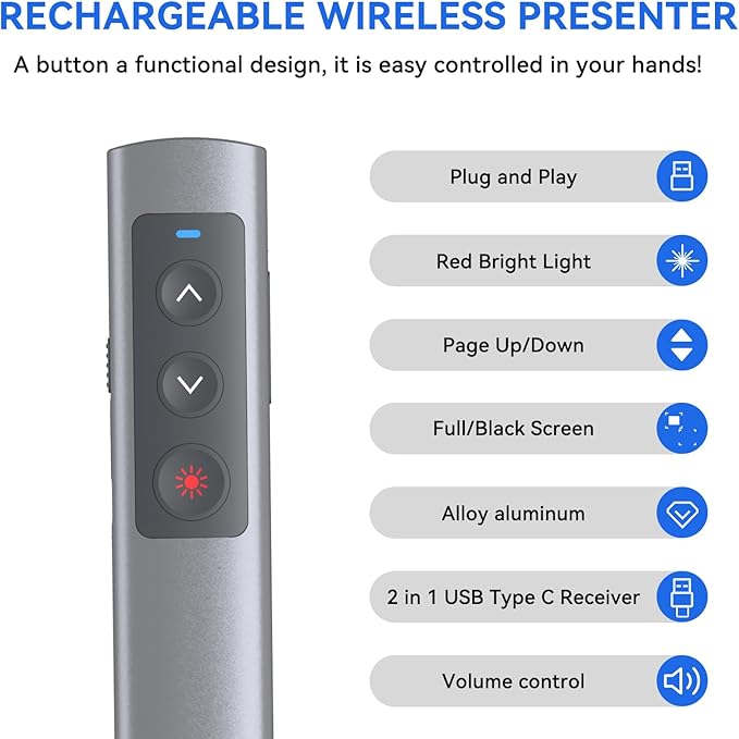 Metallic Presentation Clicker Presenter Remote - Rechargeable Wireless Presenter with Red Laser Pointer, 2-in-1 USB C Clicker for PowerPoint & Google Slides, Compatible with MacBook/Computer/Laptop
