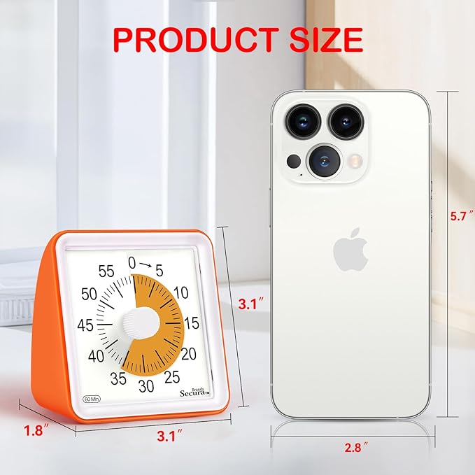 Secura 60 Minute Essential Visual Timer for Kids, Countdown Clock Timer for Special Education, Classroom, School, Desk, Home, Office, Silent Non-Ticking Time Management Tool (Orange & Orange)