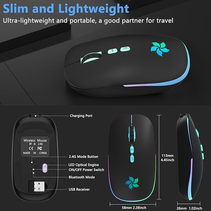 KARFUN Wireless Mouse, 2.4GHz & Bluetooth Two Mode, 7 Color Breathing Lights Computer Mouse for Laptop/MacBook/PC/Tablet/iPad, Rechargeable (Black)