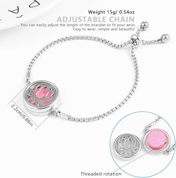 Essential Oil Diffuser Bracelet Aromatherapy Locket Adjustable Bracelet Stainless Steel Lotus Bracelet with 10 Pcs Refill Pads for Women Girls