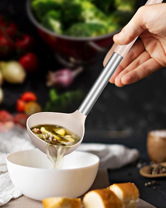 Pack of 2 Ladle Spoon,Silicone Large Spoon for Soup,Non Stick Kitchen Utensils with High Heat Resistant,BPA Free Perfect Kitchen Tools for Cooking, Stirring,Serving Soups (BLACK-KHAKI)