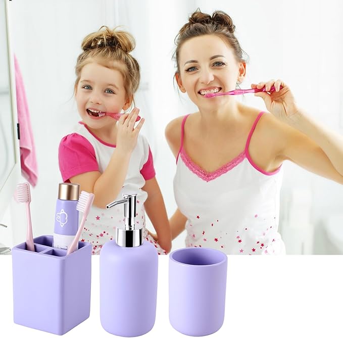 Resin 6 Pcs Purple Bathroom Set Complete with Toothbrush Holder, Lotion Soap Dispenser, 2 Qtip Holder Dispensers,Vanity Tray,Bathroom Tumbler - Countertop Vanity Organizer - Bathroom Accessories