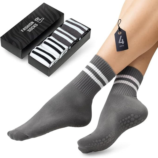 POWER STEP Pilates Grip Socks for Women, Non-Slip Cotton Crew Yoga Socks for Pilates, Dance, Workout, Barre and Home, 4 Pairs