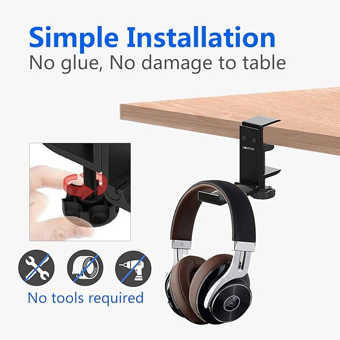 Aluminum Headphone Stand Hanger Foldable with Cable Clip Headset Holder Clamp Hook Under Desk, Save Your Space While Working & Gaming