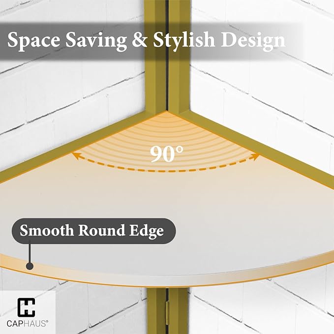 CAPHAUS Tall Corner Shelf Stand, 6-Tier Display Shelves, Ladder Corner Wood Storage Plant Bookshelf with Metal Frame, Versatile Shelving Unit Bookcase for Home Office Space, Gold