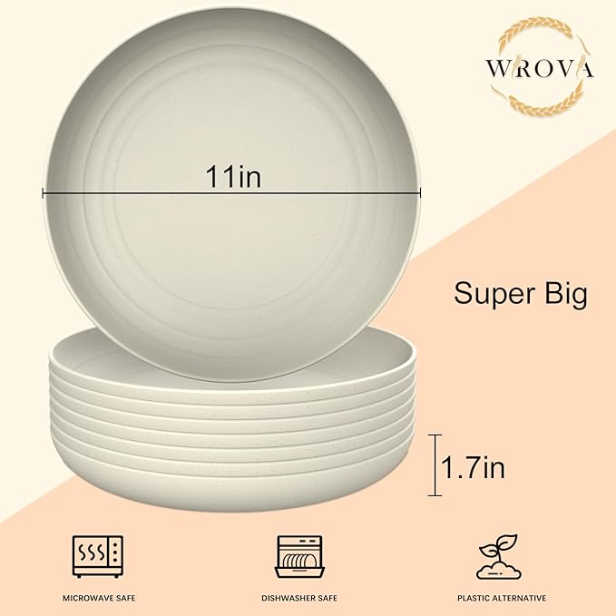 Large Wheat Straw Dinner Plates - 11 Inch Set of 8 - Unbreakable, Dishwasher & Microwave Safe - Deep Edge for Kitchen & Camping (Beige)