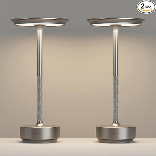 Rechargeable 2 Pack Cordless Table Lamps, 5000mAh Portable LED Table Light, 3 Color Stepless Dimming Battery Powered Metal Table Lamp for Outdoor Patio/Bedroom/Camping.(Silver)