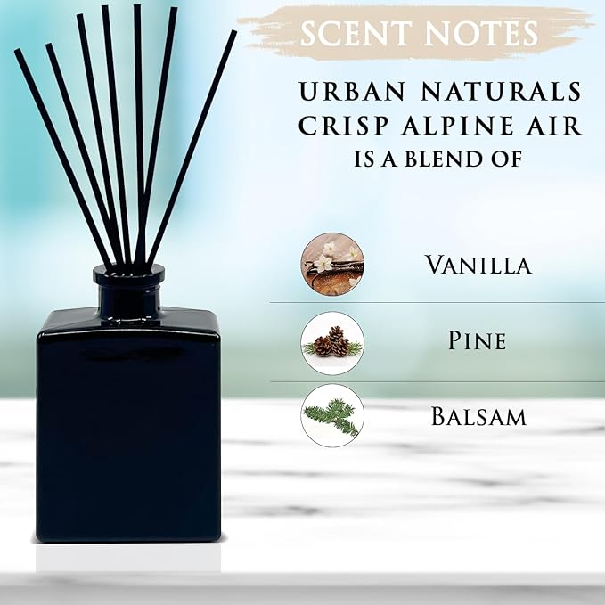 Urban Naturals Crisp Alpine Air Reed Diffuser Set with Eucalyptus, Citrus, Vanilla, Pine & Balsam Notes – 5 Ounce Sleek Black Rectangular Refillable Glass Bottle – Made in The USA