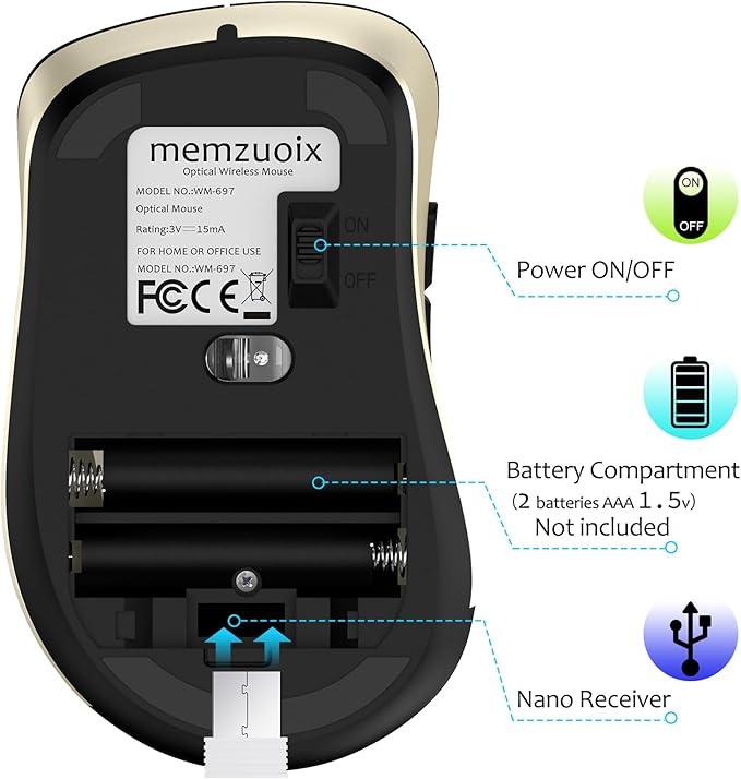 memzuoix 2.4G Wireless Mouse, 1400 DPI Computer Mice with USB Receiver, Portable Wireless USB Battery Powered Cordless Mouse for Laptop, PC, Desktop, 5 Buttons (Black Gold)