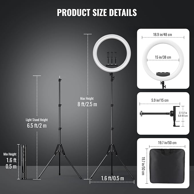 Ring Light with Stand, 19in LED Selfie Circle Light, Max 8ft/2.5m Tripod Stand, 3 Holders for iPhone, Remote Control, 6300K Color Temperature for Live Streaming, Barber, Makeup, YouTube, Tiktok
