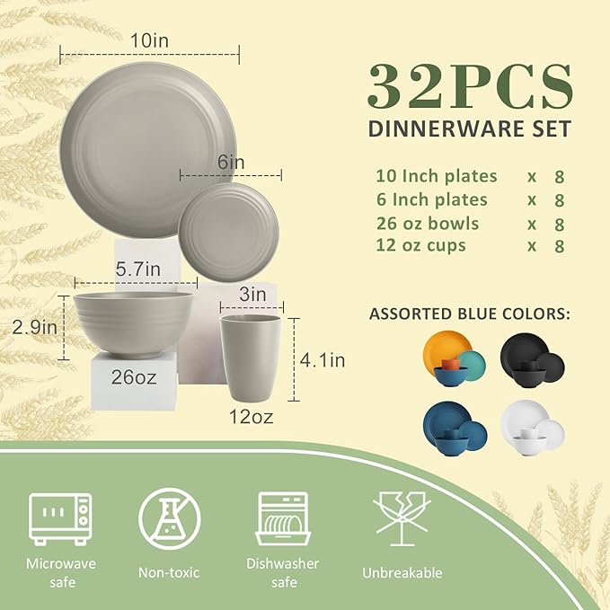 32-piece Kitchen Alternative Melamine Wheat Straw Dinnerware Sets,Unbreakbale Dishwasher Safe Kitchen Bowls and Plates Sets with Cups,Apartment Essential Dishes Set for 8.Grey Series