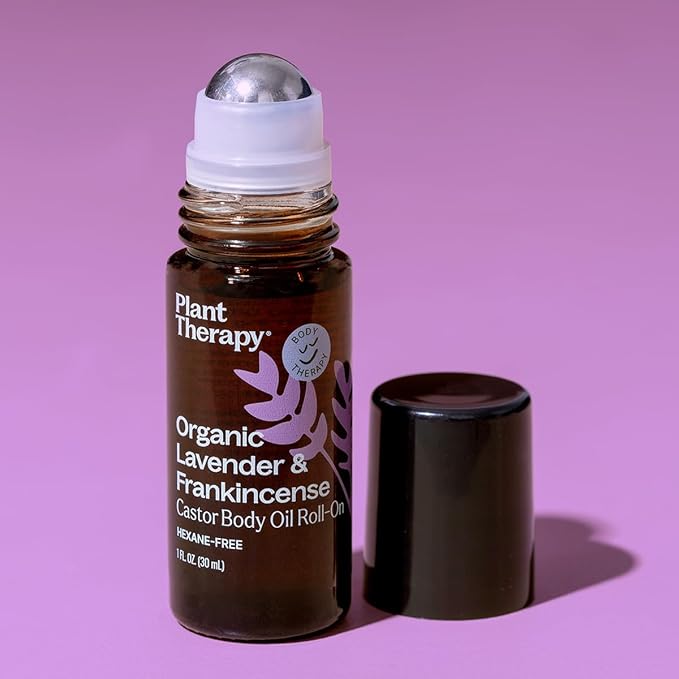Plant Therapy Organic Lavender & Frankincense Castor Body Oil Roll-On 30 mL (1 oz) Soothes Dryness, and Skin Irritation, Calming Aroma, Relaxation, Pure, Organic Formula, Healing Benefits