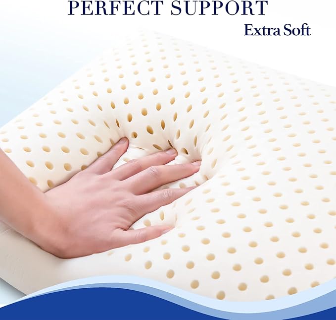 100% Natural Talalay Latex Sleeping Bed Pillow - Luxury Soft Queen Size Pillow for Side, Back, and Stomach Sleepers - Removable Breathable Cotton Cover (Queen Size)