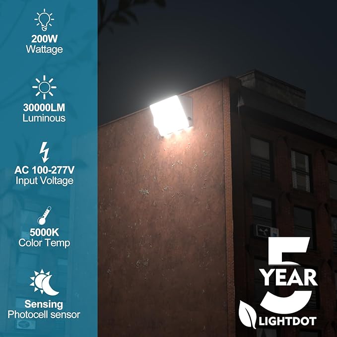 Lightdot 8Pack 200W LED Wall Pack Lights, 100-277v Dusk to Dawn with Photocell | 30000Lm(150Lm/W) 5000K IP65 Outdoor Exterior Lighting Fixture, Energy Saving|5-Yrs Warranty, ETL White(Height:15~30ft)