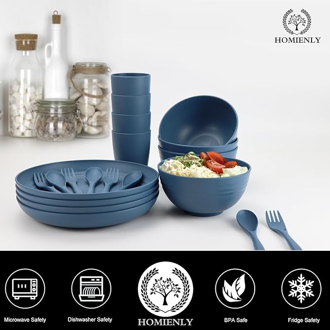 Wheat Straw Dinnerware Sets, Homienly 20pcs Unbreakable Microwave Dishwasher Safe Tableware Lightweight Bowls, Cups, Plates Set Reusable Dinner Plates Bowls set (Blue)