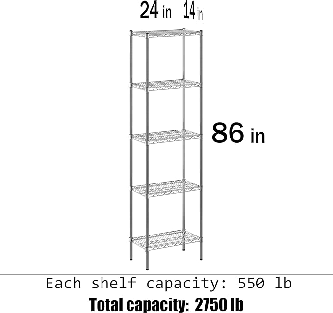 14" Deep x 24" Wide x 86" Height Wire Shelving Kit | 5-Tier | NSF Commercial Storage Rack Unit