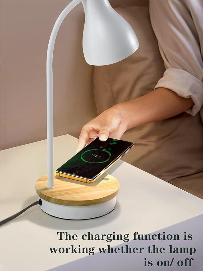 Metal Desk Lamp Wireless Charging Table Lamp Touch Reading Lights Arc Desk Lamps for Bedroom, 3 Way Dimmable Bedside Lamp with USB Charging Ports Lamp for Study Room and Office (White)