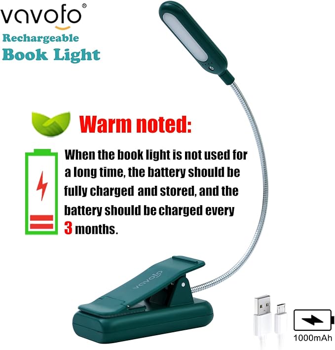 VAVOFO Rechargeable Book Light for Reading in Bed Kids, 7 LED Reading Light with 9-Level Warm Cool White Daylight, Eye Care Lamp with Power Indicator for Bookworms (Green)
