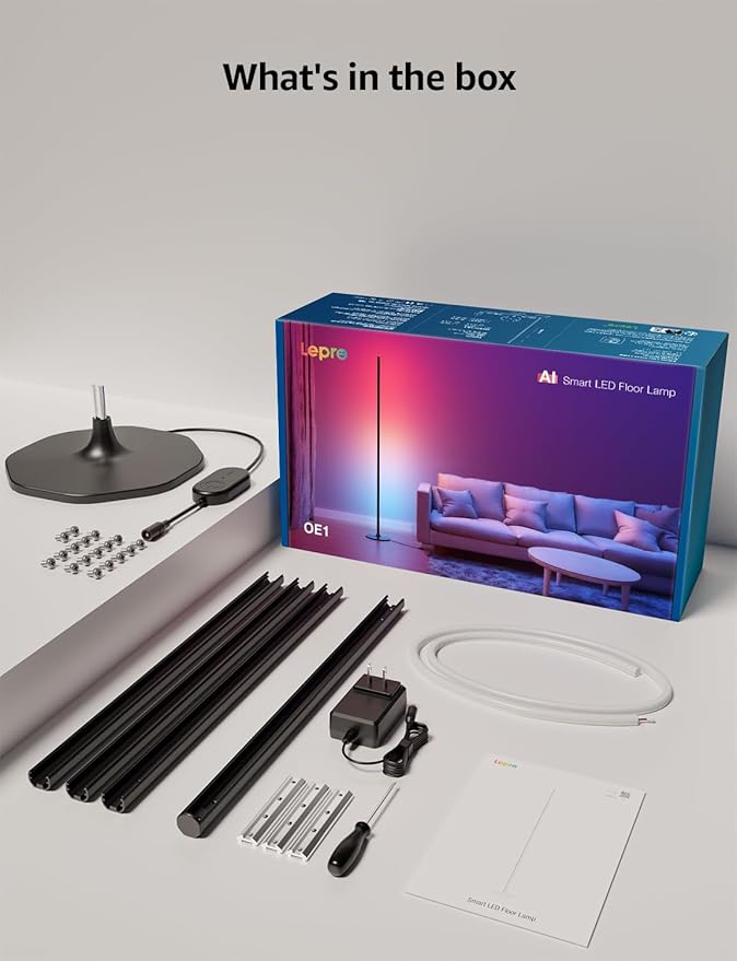 Lepro OE1 AI Floor Lamps for Living Room, Smart LED Corner Lamp with RGBW Color Changing, Alexa Compatible, Music Sync, DIY modes, 1000LM, Modern Standing Lights for Bedroom, No Remote, 2.4G WiFi Only