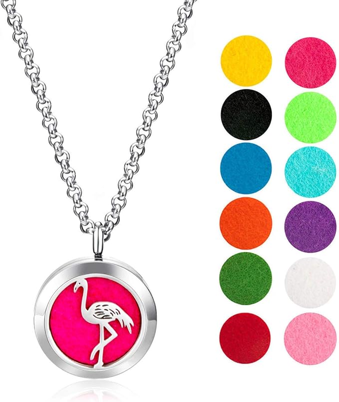 Wild Essentials Flamingo Essential Oil Diffuser Necklace, Stainless Steel Locket Pendant with 24 inch Chain, 12 Color Refill Pads, Customizable Color Changing Perfume Jewelry for Aromatherapy