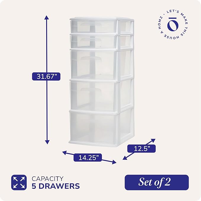 HOMZ 2-Pack Drawer Tower, 5-Tier Clear Plastic Storage Organizer Unit, White Frame - Multi-Purpose Container Drawers for Bedroom, Bathroom, and Office Organization