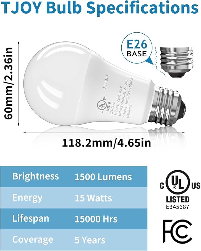 TJOY LED Light Bulbs, 100 Watt Equivalent A19, 5000K Daylight LED Bulb, 15W Bright White Energy Saving Lightbulbs with E26 Standard Base, 1500 Lumens Non Dimmable Lamp for Home Bedroom Indoor, 6 Pack