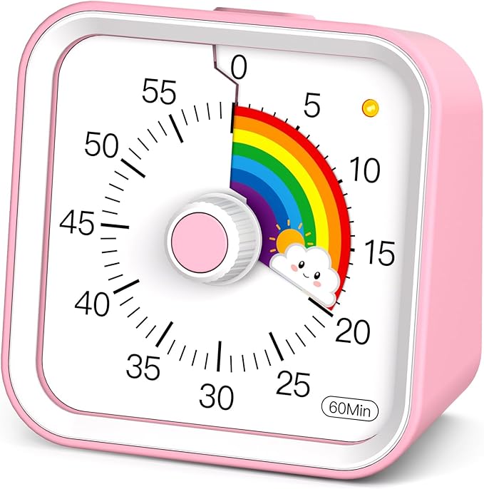 Visual Timer with Pause Function, 60 Minute Countdown, Pomodoro Timer for Kids, Productivity Timer, Time Management for Kitchen Cooking, Study, Teaching, Office Meetings (Rainbow Pink)