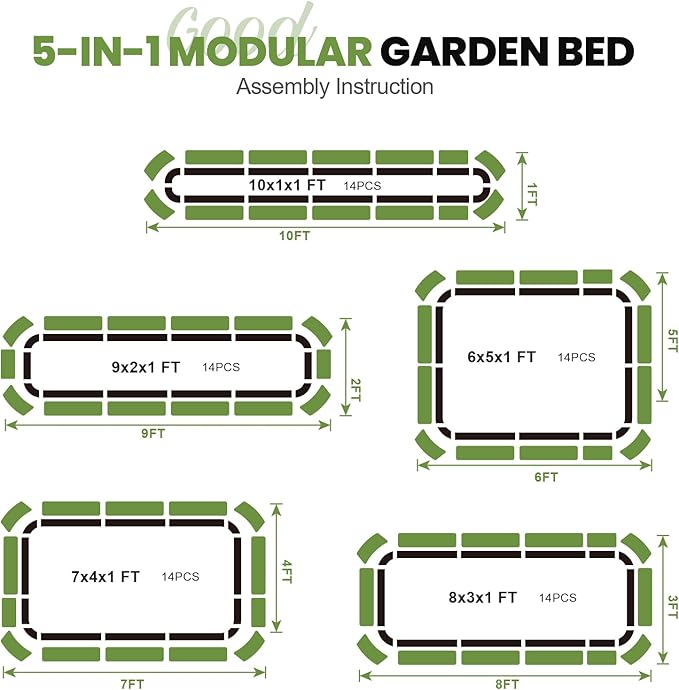 5-in-1 Adjustable Raised Garden Bed Kit | Galvanized Planter Boxes for Vegetables, Flowers | 12" Tall, Multiple Sizes (8x3x1ft, 9x2x1ft, 10x1x1ft, 6x5x1ft, 7x4x1ft) | Outdoor Metal Raised Bed, Grey