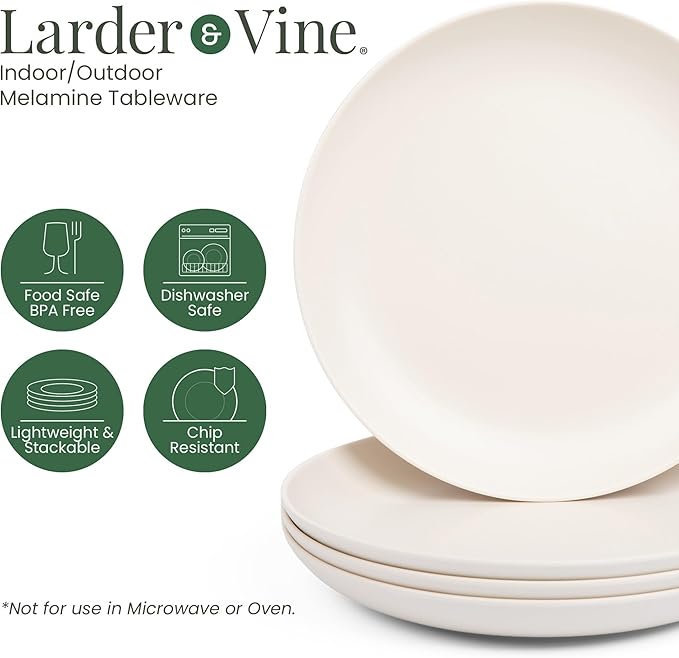 Larder & Vine 12-Piece Melamine Dinnerware Set: Durable, Lightweight, Break-Resistant Plates & Bowls – Stylish, Non-Toxic, Dishwasher Safe – Ideal for Everyday Use, Indoor & Outdoor Dining – Ivory