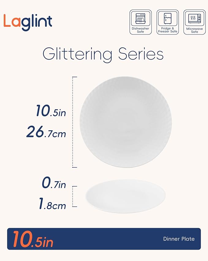 10.5 inch Dinner Plate Set of 6, Light and Durable Opal Glass Geometric Faceted White Dinnerware Plates, Dishwasher and Microwave Safe