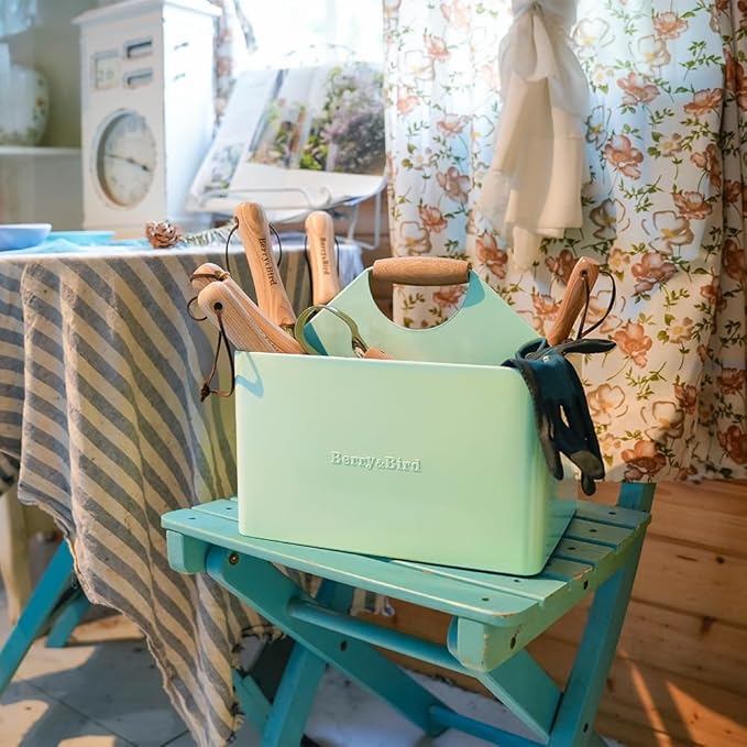 Berry&Bird Garden Tool Organizer, Metal Garden Caddy with 4 Compartments and Wooden Handle, Gardening Tools Box for Indoor & Outdoor, Practical Gardener Gift for Gardening Lovers