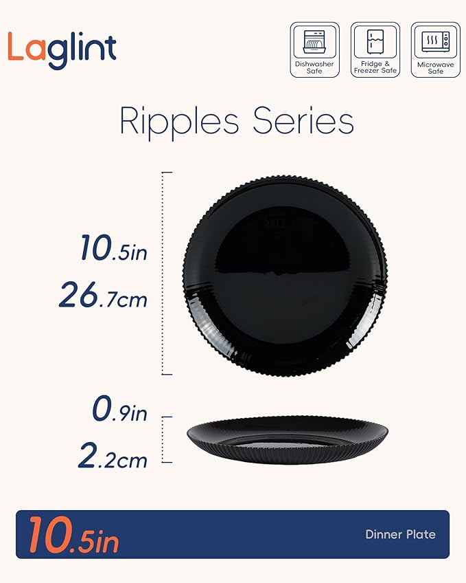10.5 inch Ribbed Dinner Plate Set of 6, Round Opal Glass Black Dinnerware Plates, Dishwasher and Microwave Safe