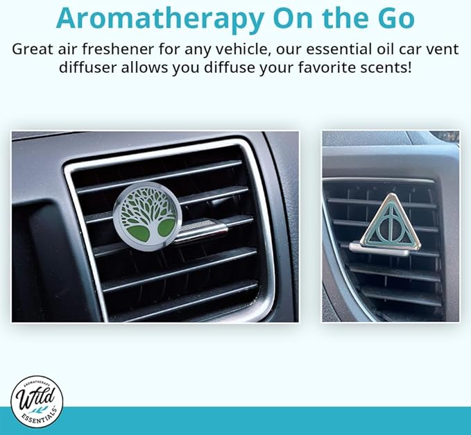 Wild Essentials Potter Hallows Essential Oil Car Vent Diffuser Kit with Lavender, Lemongrass, Peppermint, Orange Oils, Stainless Steel Locket Pendant, 8 Refill Pads, Color Changing Air Freshener