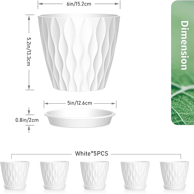 6 inch Flower Pots, 5 Pack Plant Pots for Indoor Outdoor Plants, Water Ripples Plastic Planters with Drainage Holes and Saucers, Nursery Pots for Small Succulent Garden House Plants, White