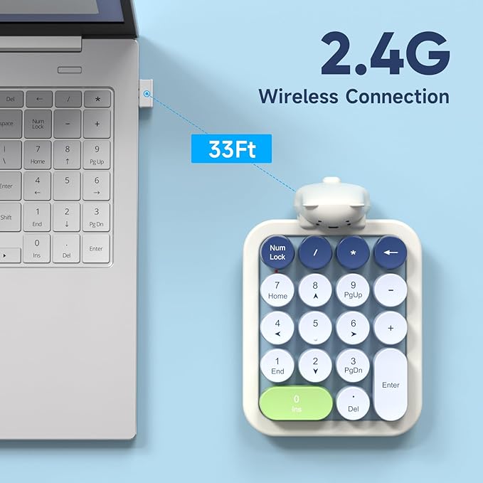 MOFII Wireless Number Pad with Bear - Mixed Blue Numeric Keypad 18 Keys 2.4G Round Keycap Colorful Extensions Cute Numpad, Portable Accounting Financial Retro Numpad 10 Key for Laptop/PC/Notebook