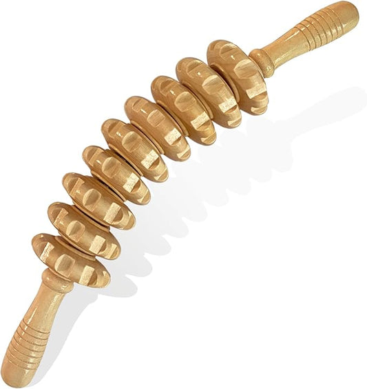 Manual Massage Stick, Curved Wooden Handheld Roller Trigger Point Massager for Fascia, Cellulite, Muscle & Abdomen, Body Therapy Massager, Belly Relief Tool, White