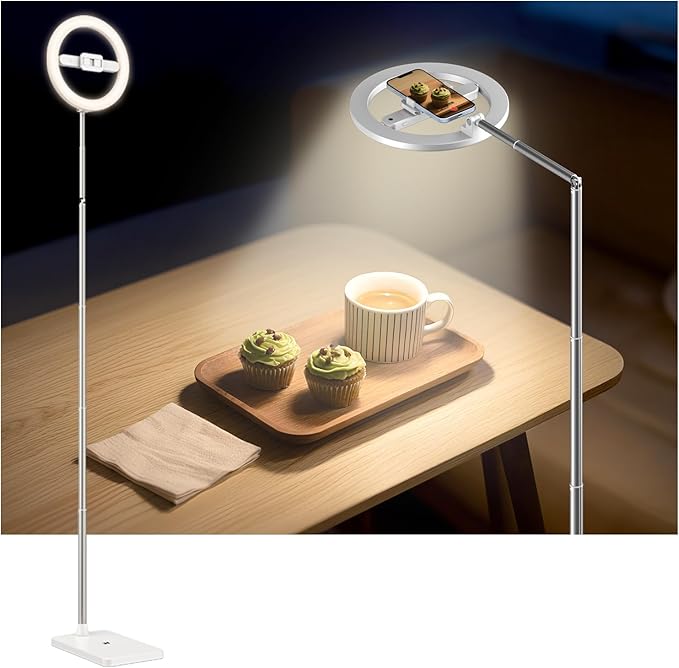 yAyusi 68.5" Overhead Phone Mount with Ring Light for iPhone, 3000mAh 360° Rotation Foldable Rechargeable Ring Light Phone Holder for Video Recording, Photography, Live Streaming, TikTok, YouTube