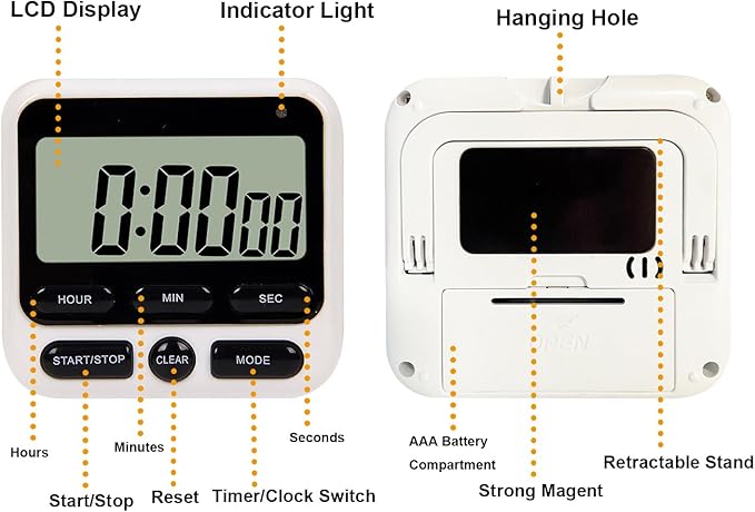 2-Pack Digital Dual Kitchen Timers with Magnet, 24-Hour Countdown & Stopwatch, Loud Alarm, 12/24H Clock, Calendar, Mute Mode, Visual Indicator, Batteries Included (Black)