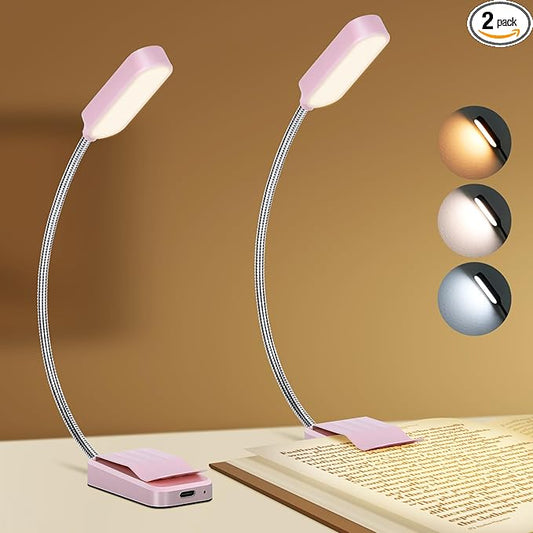 Book Light 2 Pack, Rechargeable Reading Lights for Books in Bed-Eye Caring 3 Colors, Stepless Dimming, 360° Flexible Studying Small Desk Lamp, Lightweight Clip-on LED Night Light for Book Lovers, Kids