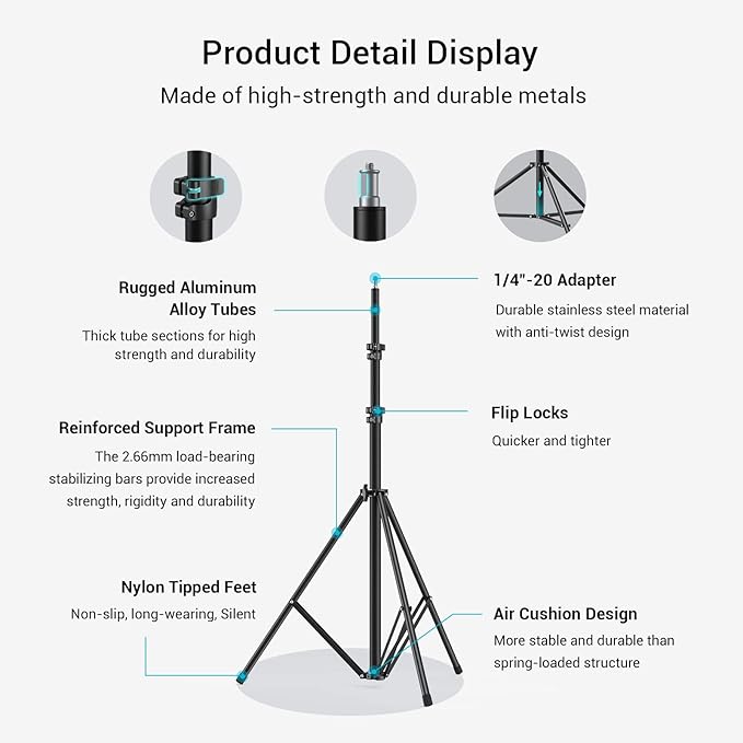 SMALLRIG Photography Light Stand 110"/9.2ft/280cm, Air-Cushioned Aluminum Photo Video Tripod Stand with 1/4" Screw for Softbox, Studio Light, Reflector and Ring Light, Max Load 8kg, RA-S280