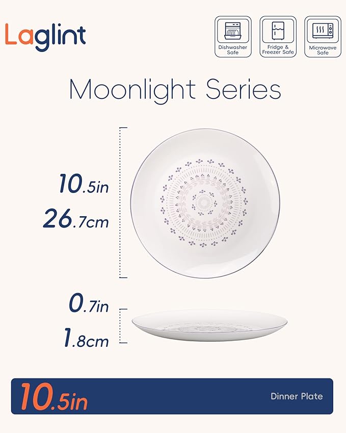 10.5 inch Dinner Plate Set of 6, Lightweight Round Opal Glass Dinnerware Plates, Dishwasher and Microwave Safe, Lavender Purple