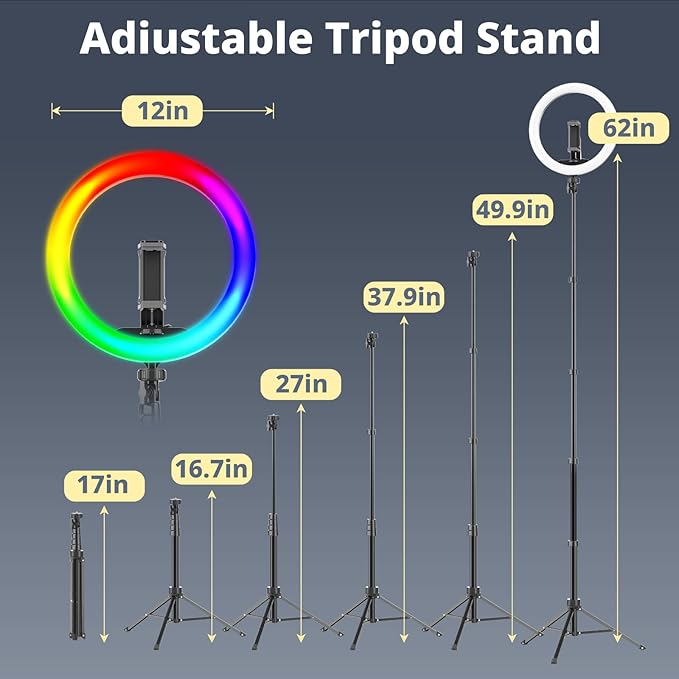 UBeesize 12” RGB Selfie Ring Light with 62” Extendable Tripod Stand & Remote, LED Light with Phone Holder for Video Recording/Makeup/Content Creator (YouTube/TikTok/Twitch), Phone, Camera & Webcam