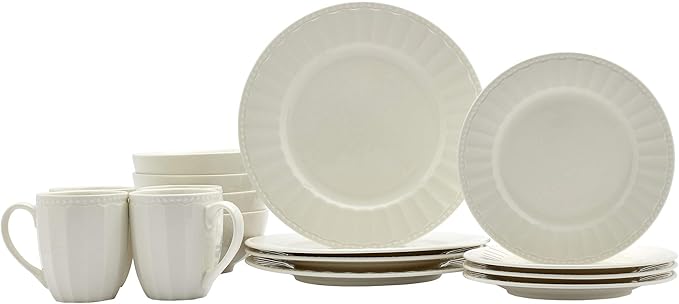 TTU Tabletops Gallery Embossed Bone White Porcelain Round Dinnerware Collection- Chip Resistant Scratch Resistant, Mosaico 16 Piece Dinnerware Set (Dinner Plate, Salad Plate, Cereal Bowl, Mug)